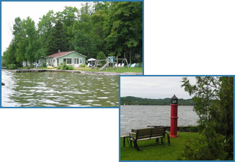 Cottage and Bench Beside a Lake
